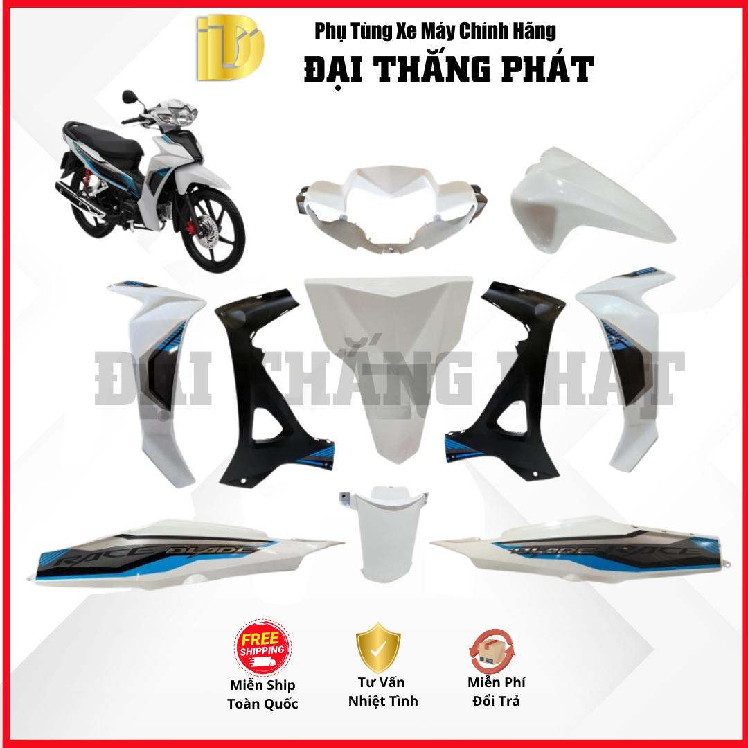 (Có bán lẻ) Dàn áo xe Blade Số K57 năm 2019 màu Trắng tem xanh – Phanh đĩa – Vành đúc – NHB55 chính hãng Honda